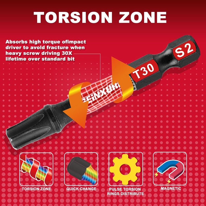 GEINXURN 10Pieces 2 In. T30 Impact Tough Magnetic Screwdriver Bit Set, #30 Torx Head Power Bits, S2 Alloy Steel Star Bits with Storage M-Box - Image 5